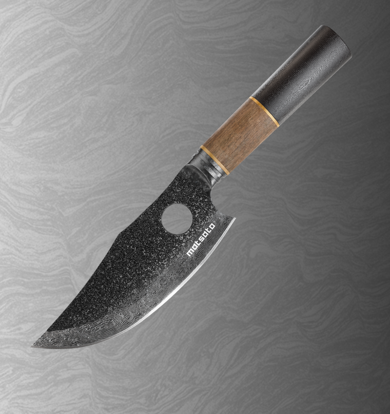 Matsato Osuren knife showing Damascus wave line, brass ring, and pakkawood handle