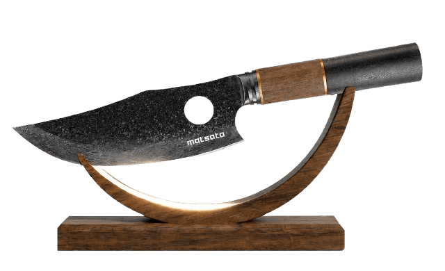 Matsato Osuren Japanese Chef Knife on curved wood display stand
